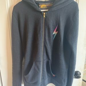 Aviator Nation Black Zip Hoodie with Rainbow Lightning Bolt-